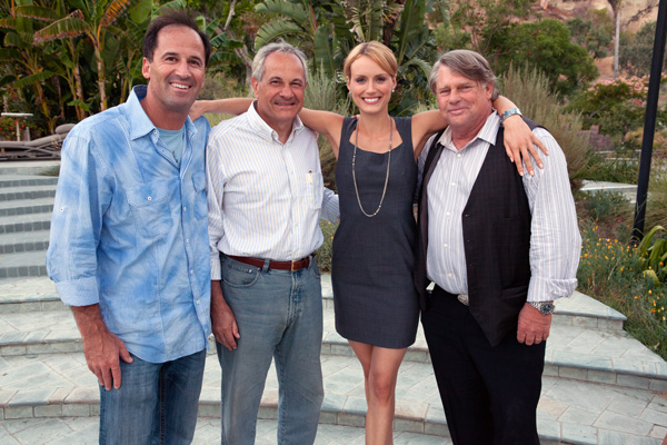 Photo of Harmon Kaslow, John Aglialoro, Taylor Schilling, and Graham Beckel on the set of "Atlas Shrugged"