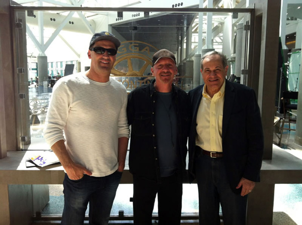 Photo of Harmon Kaslow, Jeff Freilich, and John Aglialoro working on "Atlas Shrugged: The Strike"