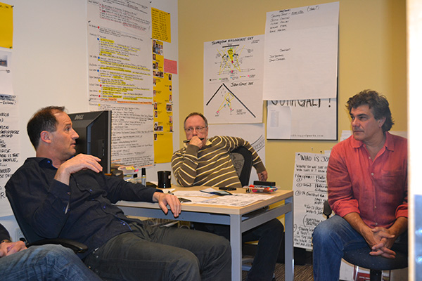 Photo of Harmon Kaslow, Bernie Laramie, and Jim Manera working on ASP3 pre-production